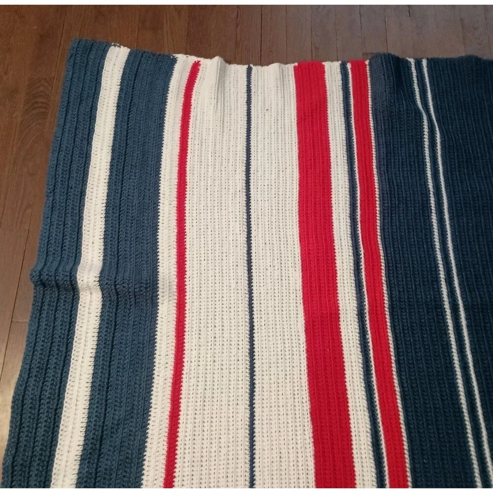 Vintage Hand Crocheted Afghan Throw Blanket Patriotic Red White Blue 43 x 53.5